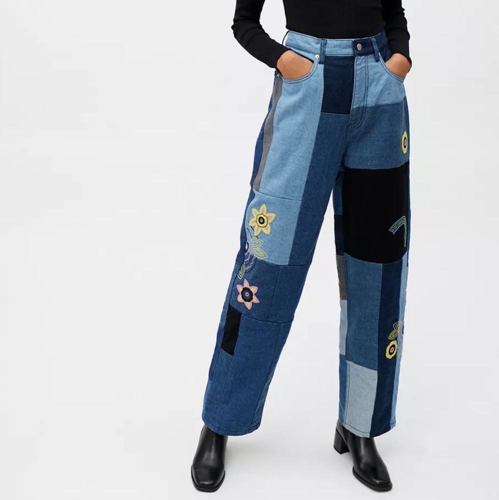 BDG High-Waisted Baggy Jean Patched Y2k Embroidered Women's 25 Straight Leg EUC‎